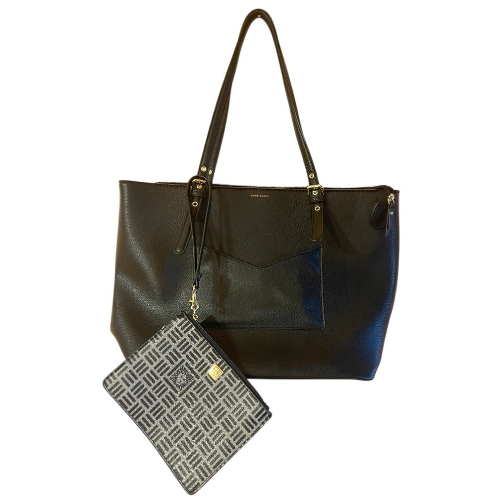 Ann Klein Black Tote Bag W Black & Gray Matching Wristlet 100% PVC & Polyester